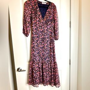 Mango navy and pink chiffon midi dress